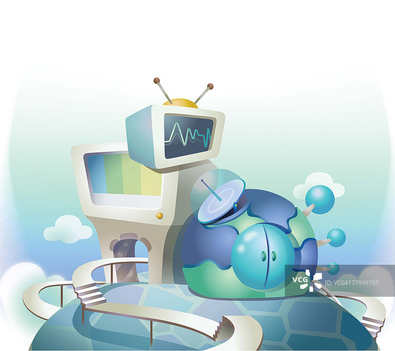 地球仪旁的电视和电脑图片素材