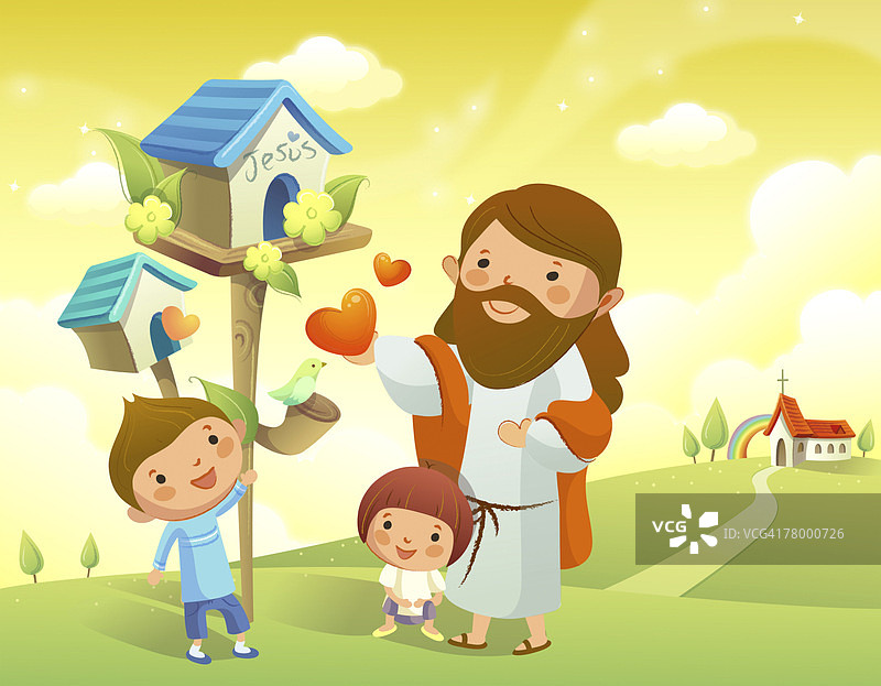 耶稣基督和两个孩子站在鸟舍旁图片素材