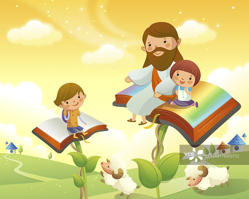 耶稣基督与两个孩子坐在书上图片素材