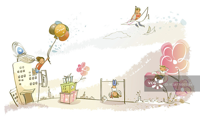 女人在建筑物上拿着一束气球图片素材