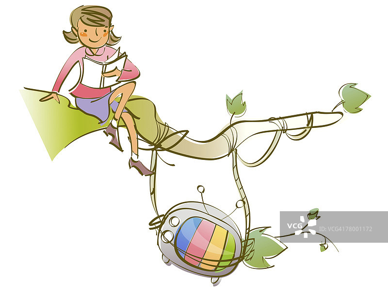 女学生坐在树枝上读书图片素材