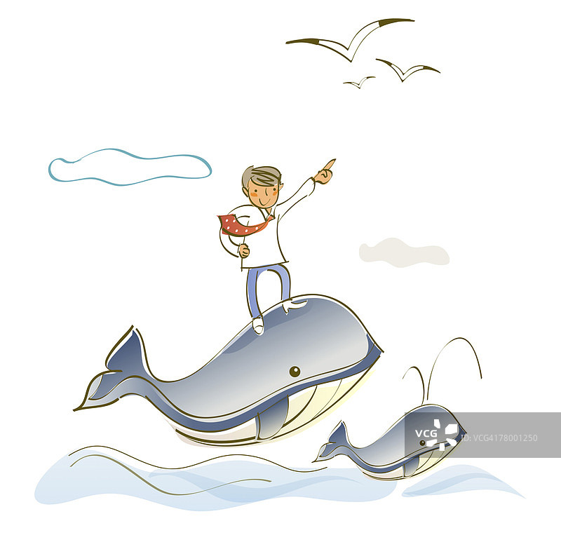 男人站在海中的鲸鱼上图片素材