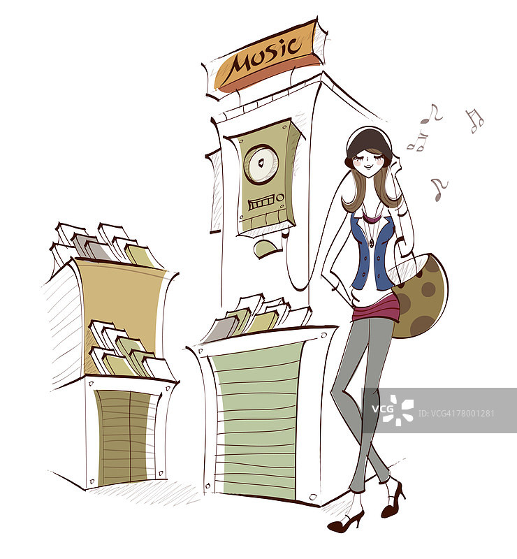 在商店里听音乐的女人图片素材
