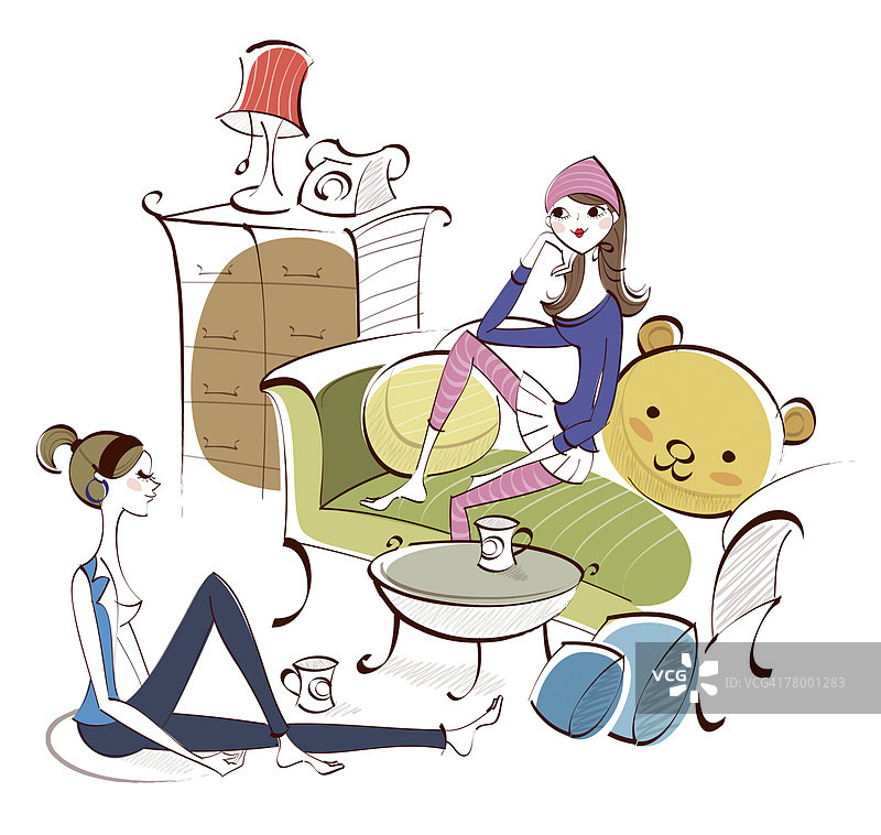 两名女子坐在客厅里图片素材