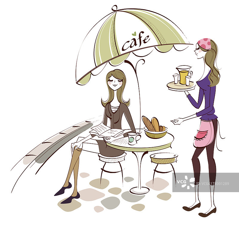 女服务员为女人上菜的侧面像图片素材