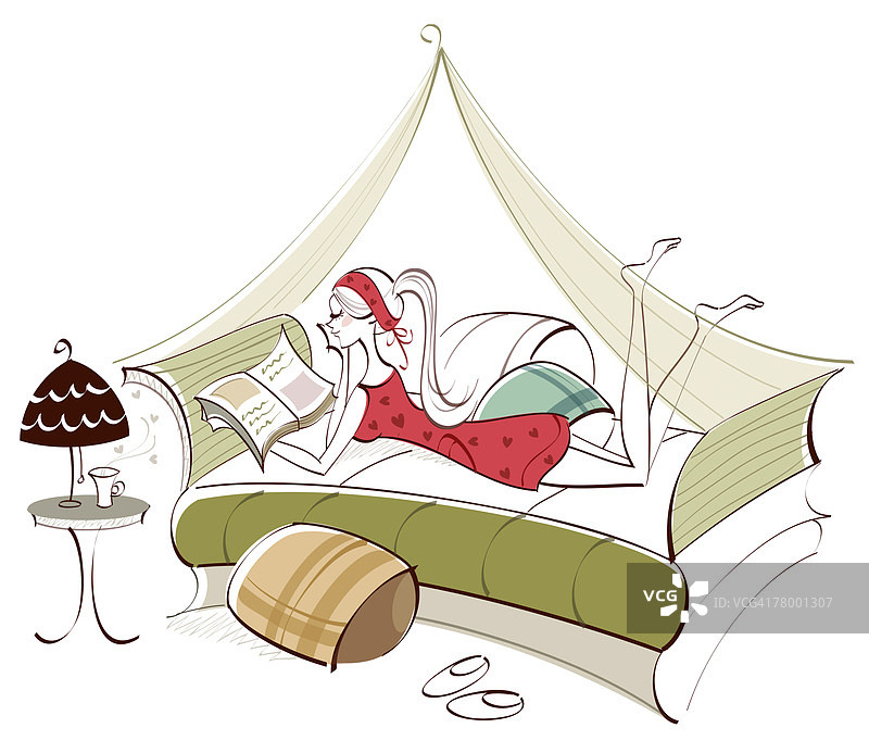 女人在床上看书的侧面轮廓图片素材