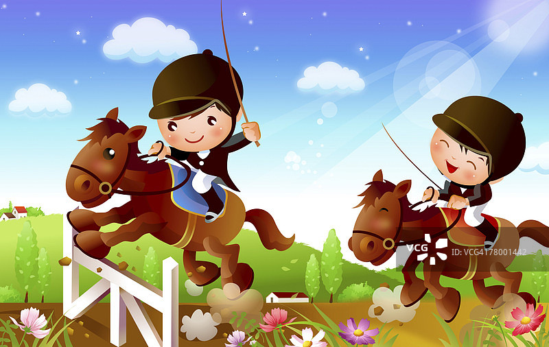 两位骑师和他们的马跳过障碍图片素材