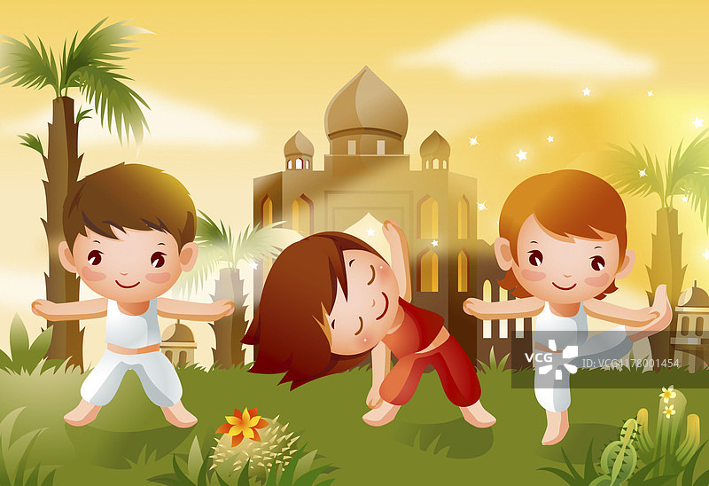 两个男孩一个女孩在草坪上锻炼图片素材