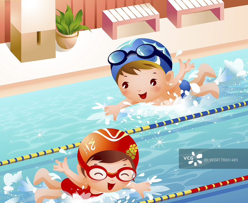 俯视视角：男孩和女孩在游泳池里游泳图片素材