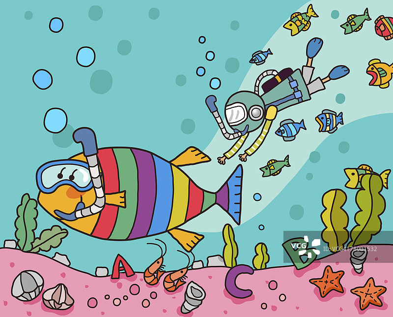 戴着呼吸管的男孩在水下与鱼一起游泳的侧面轮廓图片素材