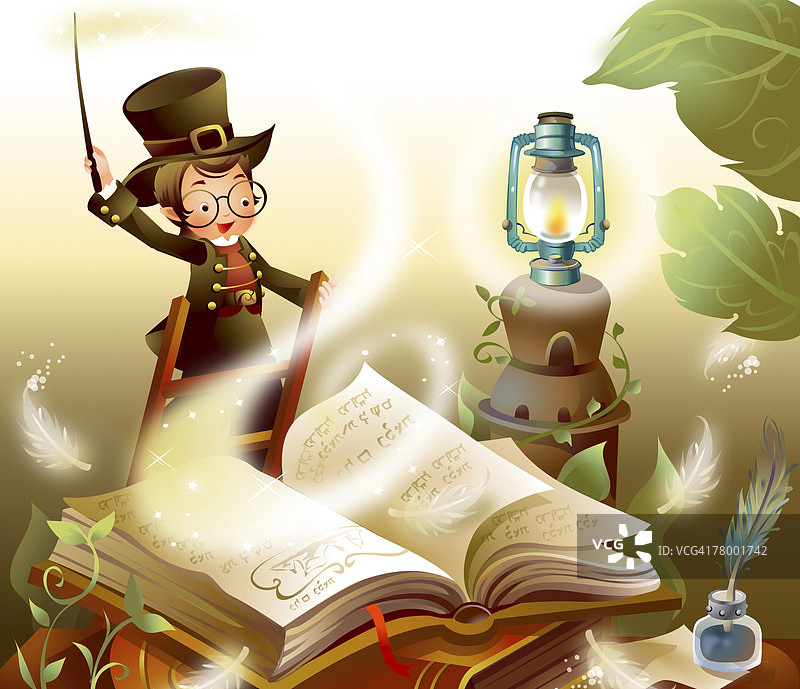 男孩拿着魔法棒读书图片素材