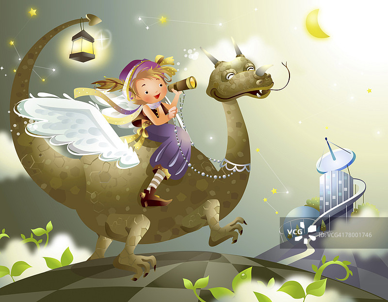 女孩骑恐龙的侧面照图片素材