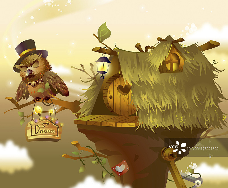 栖息在鸟舍旁树枝上的猫头鹰图片素材