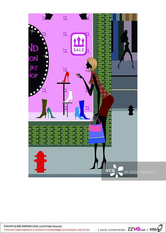 橱窗购物的女人的侧面轮廓图片素材