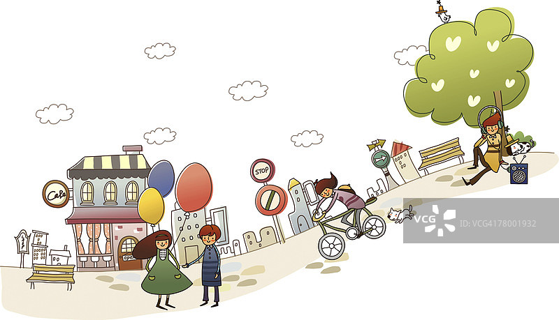 男子坐在树下，另一男子骑自行车，一对情侣站在一起图片素材