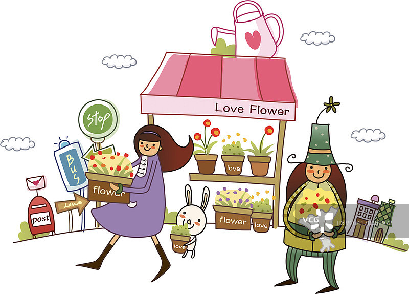 手持鲜花花束的男人和手持篮子的女人正在行走图片素材