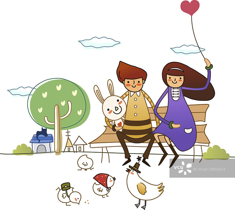 情侣坐在长椅上，旁边有一只兔子图片素材