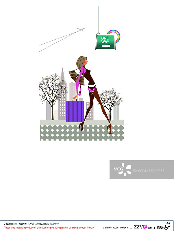 在人行道上拎着购物袋行走的女子侧面轮廓图片素材