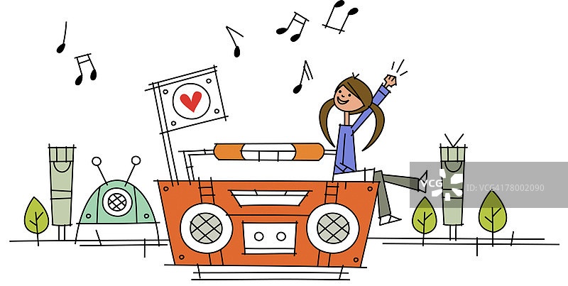 坐着听卡带播放器并挥手的女人侧面照图片素材