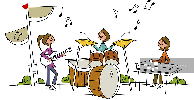 三位女性在乐队中表演图片素材
