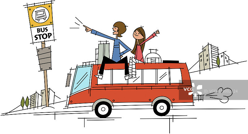 两人在巴士车顶旅行图片素材