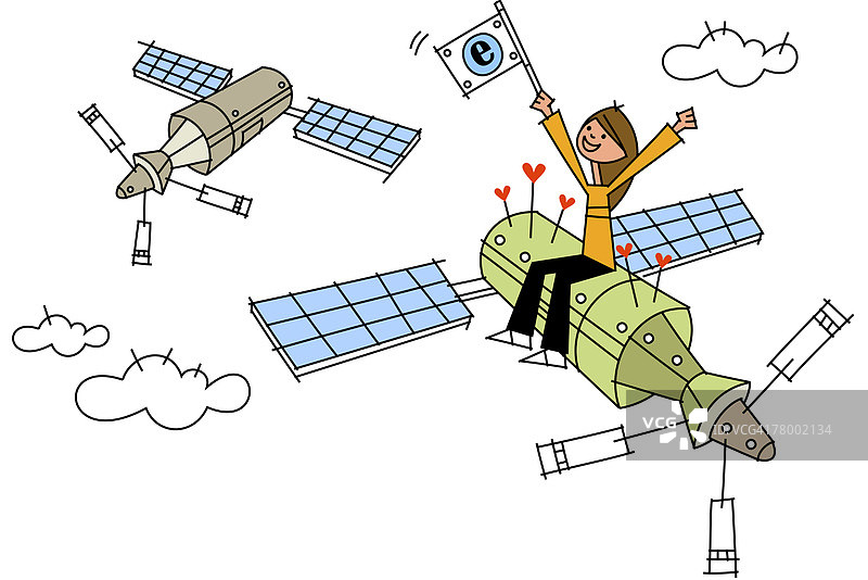 坐在卫星上的女人图片素材