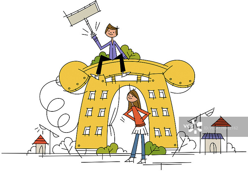 站在电话前，一个男人坐在电话上的女人图片素材