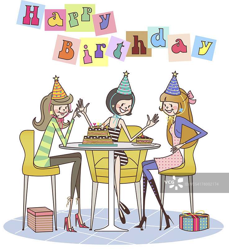 三名女子坐在桌旁庆祝生日派对图片素材