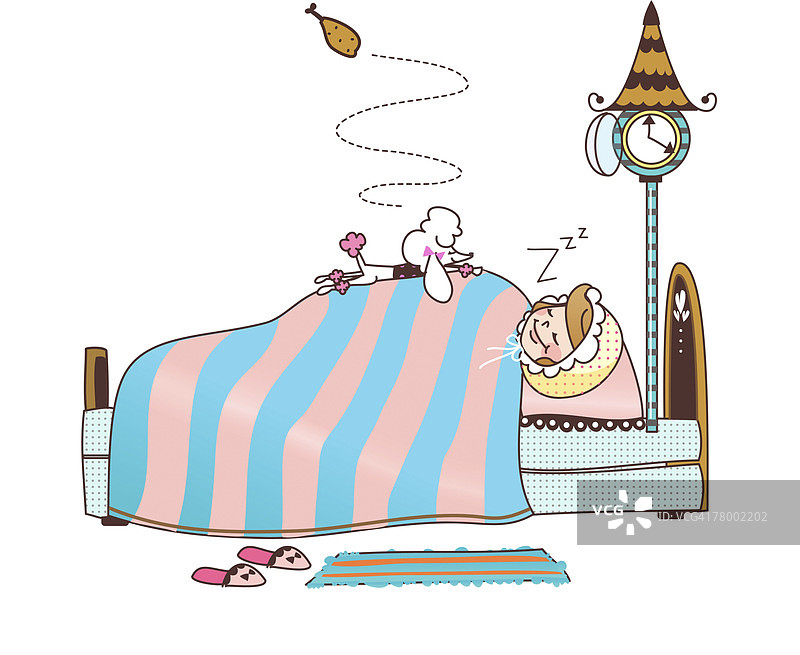 和她的狗在床上睡觉的女人图片素材