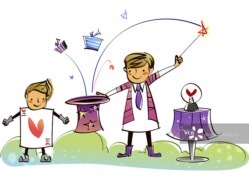 魔术师在男孩身旁表演魔术图片素材