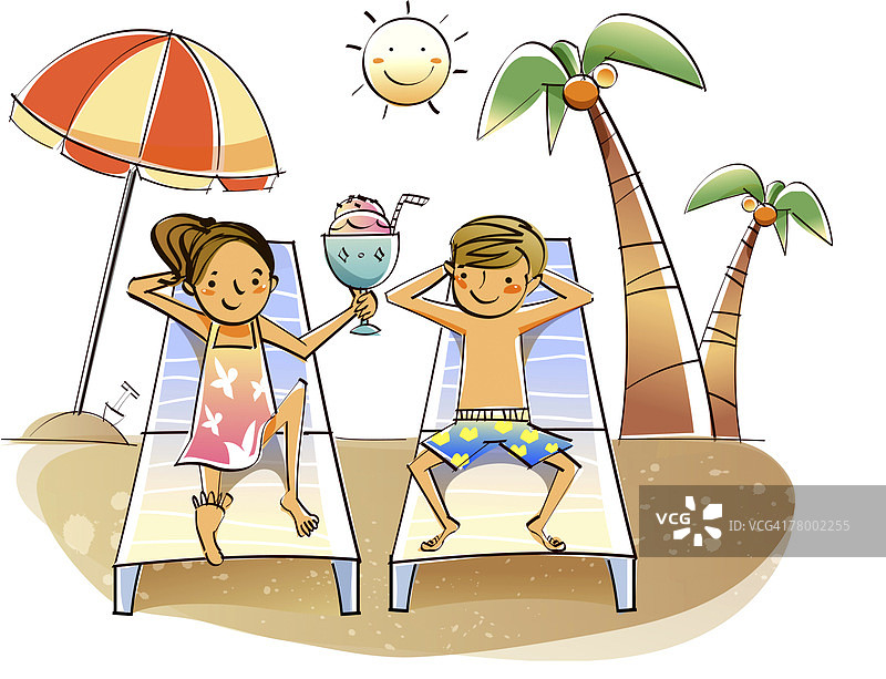 情侣在沙滩躺椅上休息图片素材