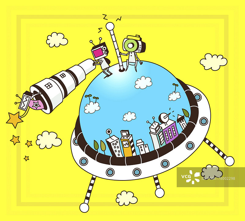 带有望远镜的外星飞船机器人图片素材