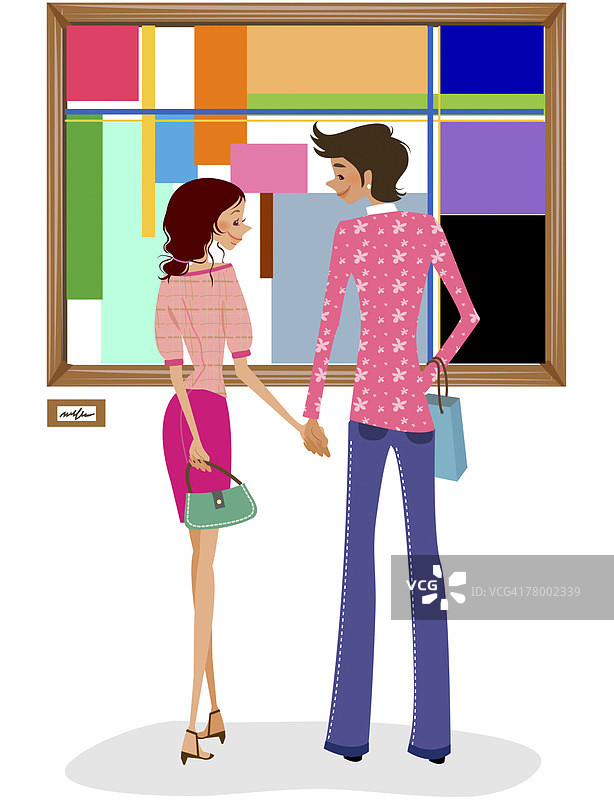 情侣手牵手站在画前的背影图片素材