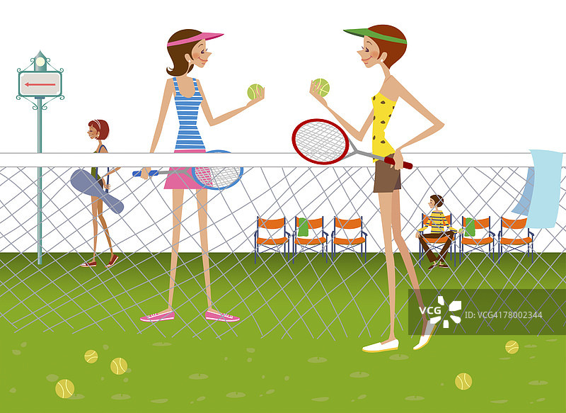 两名女子站在网球场上，手持网球和球拍图片素材