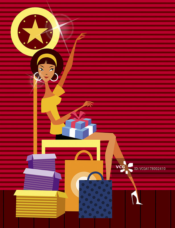 坐在椅子上，膝盖上放着礼物的女人侧面照图片素材