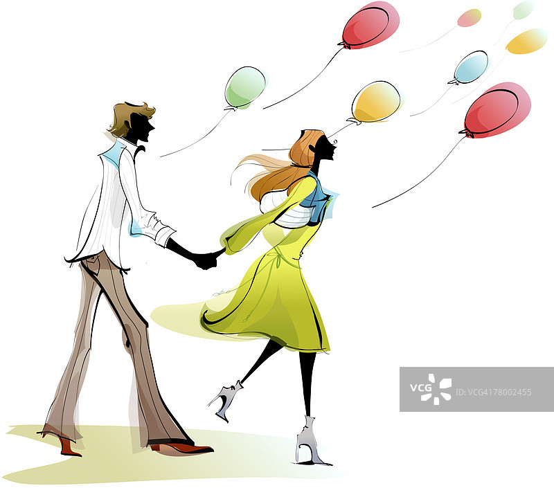 情侣手牵手奔跑的侧面照图片素材