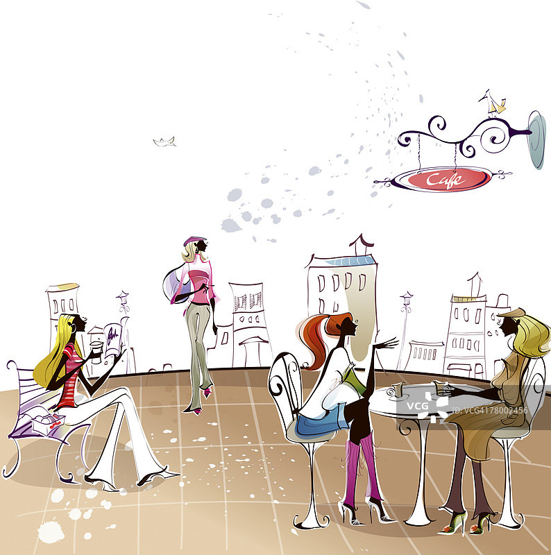 在人行道咖啡馆的四个女人图片素材