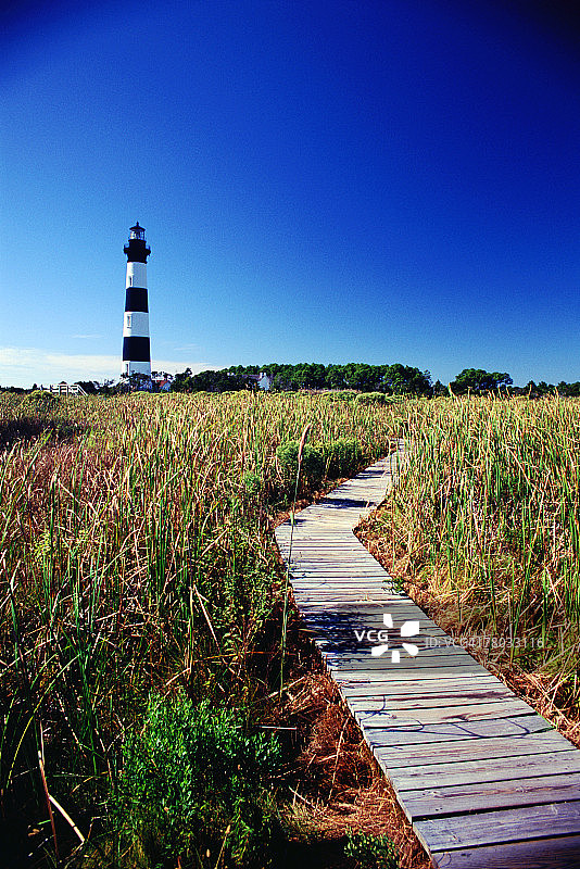穿过沼泽的木板路通往北卡罗来纳州外滩的博迪岛灯塔图片素材