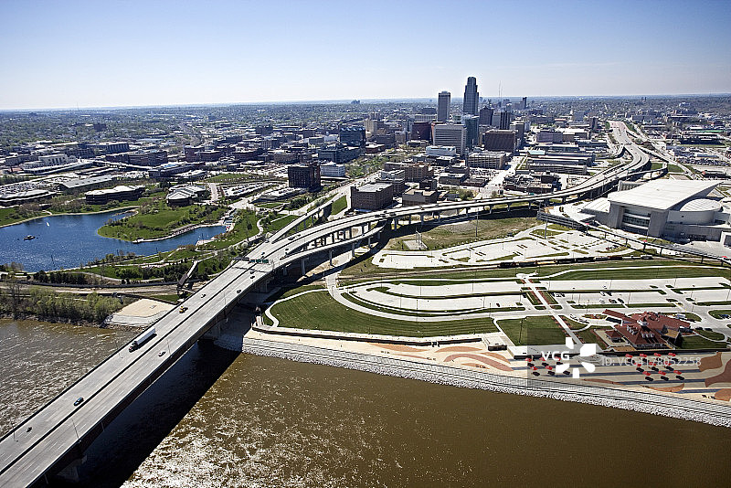 内布拉斯加州奥马哈密苏里河上桥梁航拍图片素材