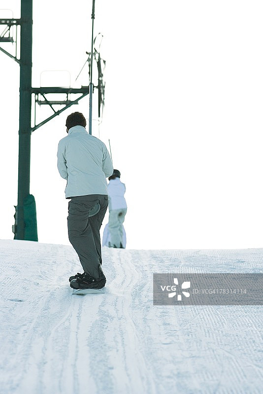 滑雪者乘坐缆车上山，后视图图片素材
