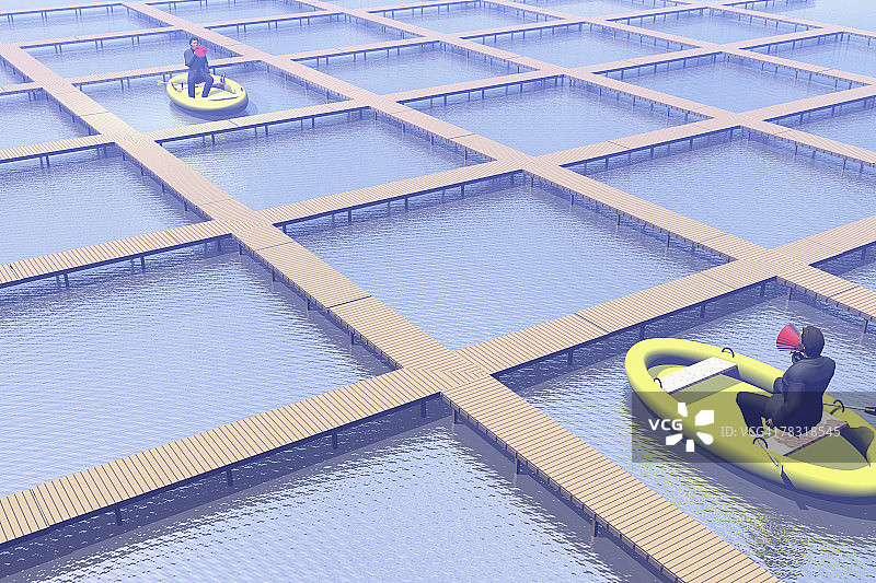 在木筏上使用扩音器的商人们图片素材