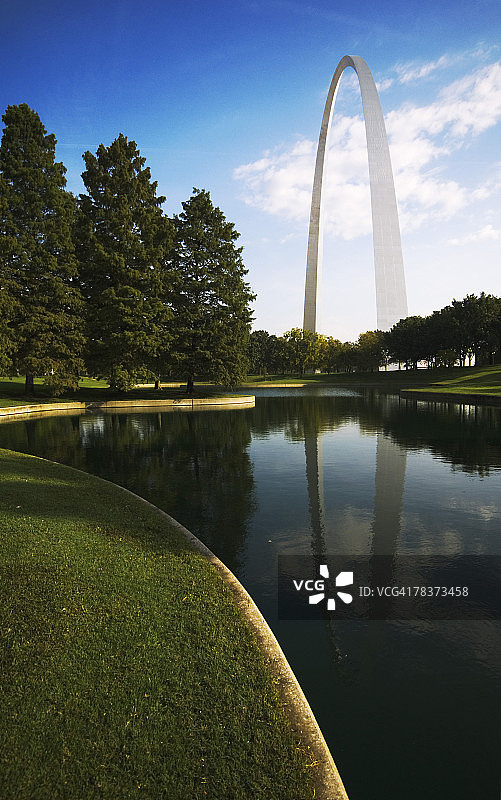 密苏里州圣路易斯市的拱门和反光池塘图片素材