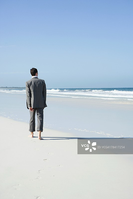 赤脚走在沙滩上的商人（后视图）图片素材