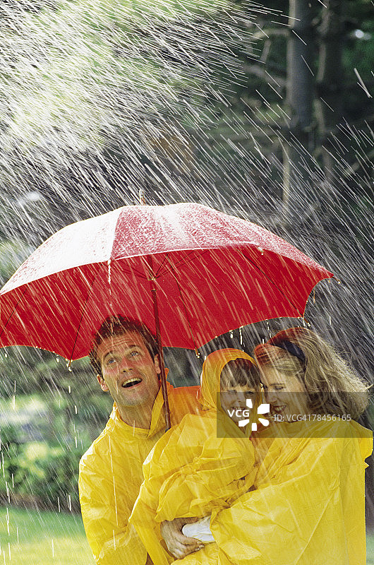 在雨中撑伞的家庭图片素材