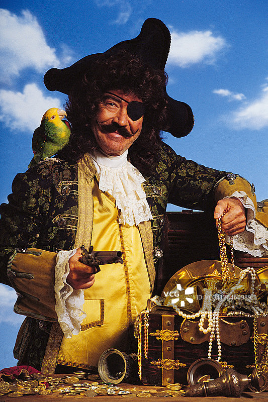 海盗与鹦鹉和宝箱图片素材