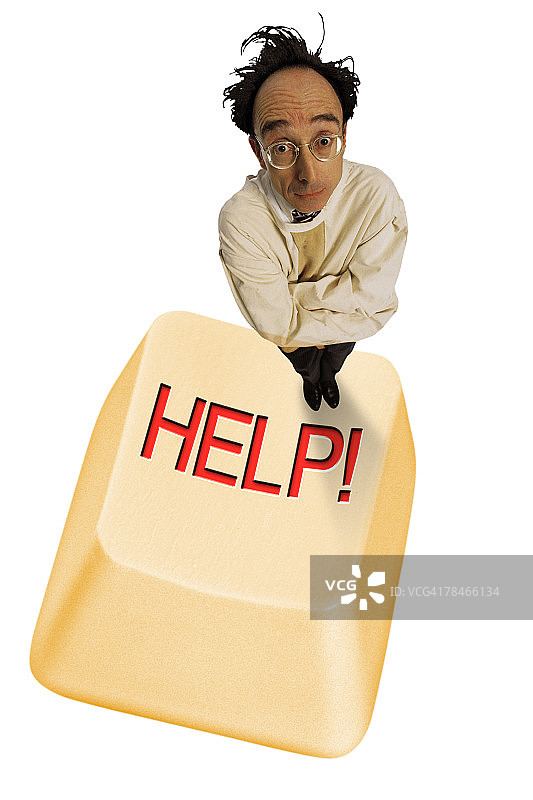 穿紧身衣站在帮助键上的男人图片素材