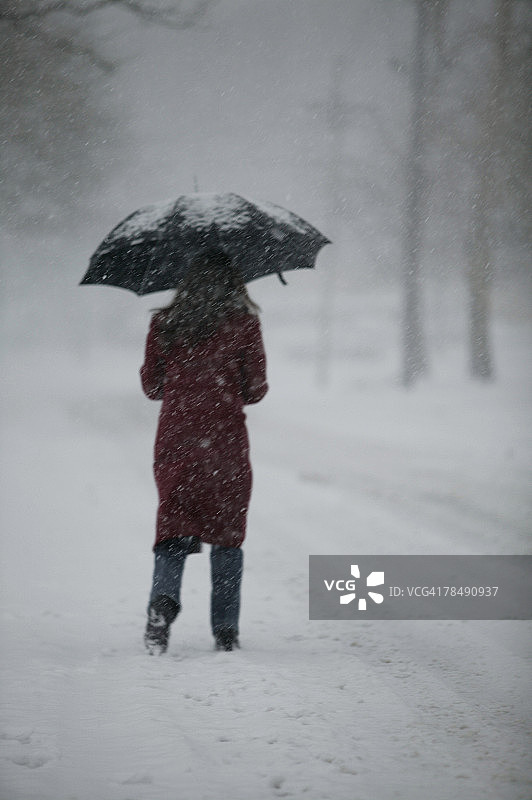 女人在雪地里行走图片素材