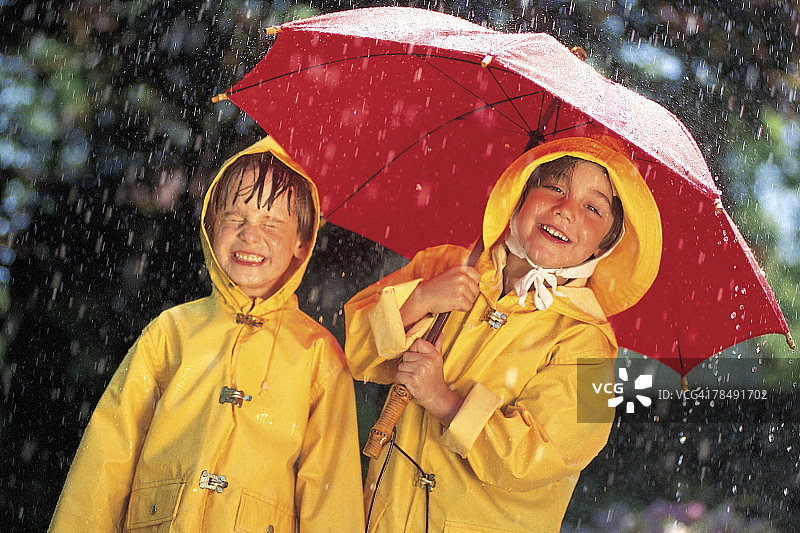 儿童雨中打伞图片素材