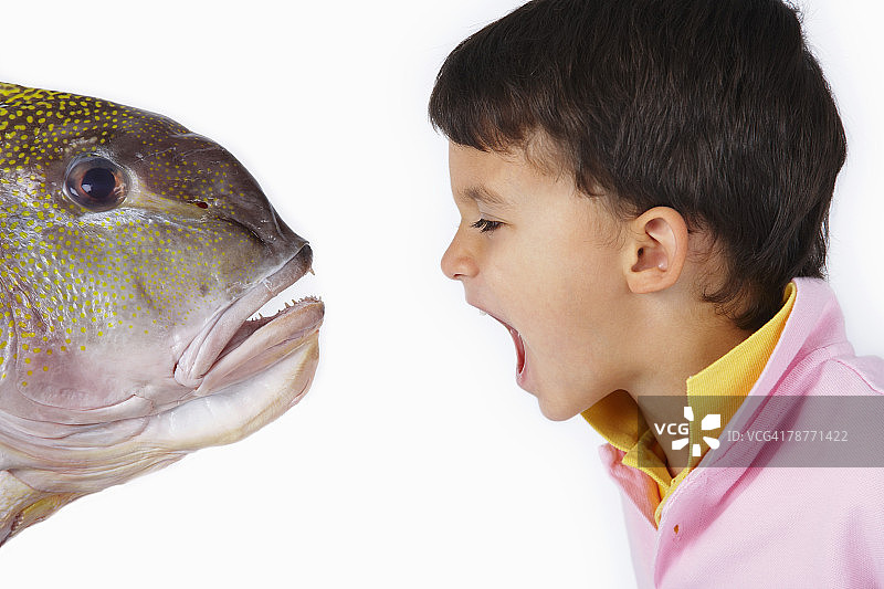 向鱼大喊大叫的男孩图片素材