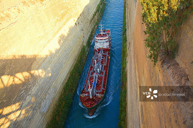 希腊雅典科林斯运河集装箱船高角度景观图片素材